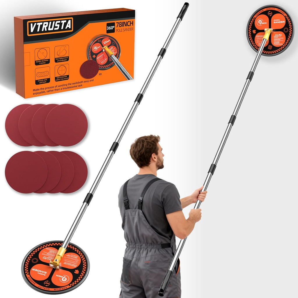 360° Wall Sander for Painting Prep, 78 inch Pole Sander for Drywall | Drywall Pole Sander with Extension Pole, 8 PCS