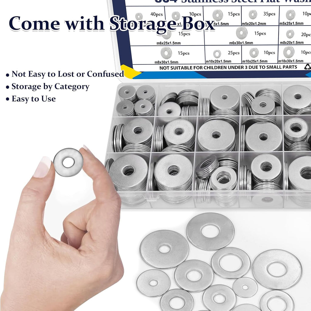 290Pcs Stainless Steel Flat Washers Assortment Kit;Fender Washer M3-M12