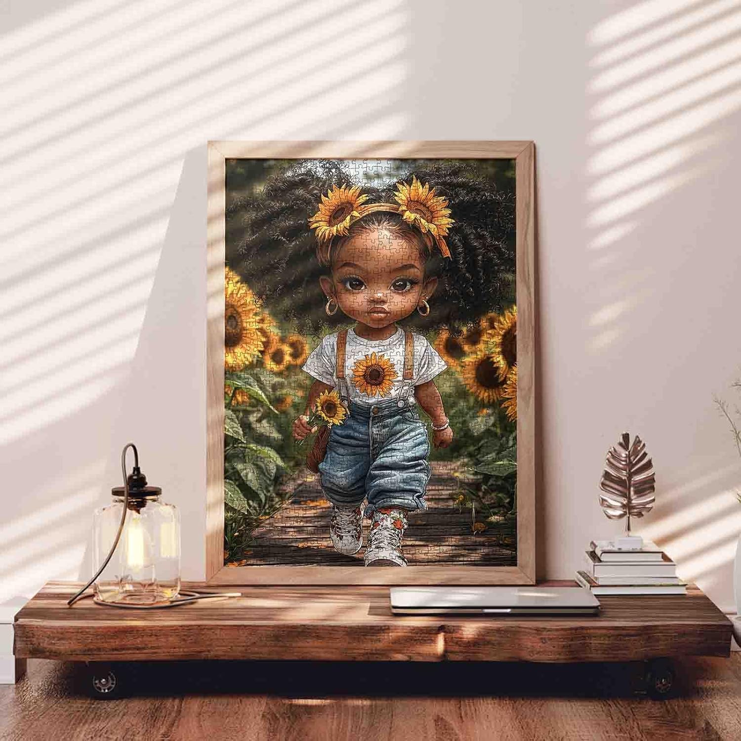 Sunflower African Girl Jigsaw Puzzle for Adults 1000 Pieces, Cute Afro Curly Hair Girl Puzzles Colorful Floral Art