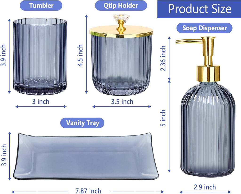 Glass Bathroom Accessories Set, Blue Bathroom Set, 4 Pcs | Kit w/ Bathroom Soap Dispenser Set, Toothbrush Holder