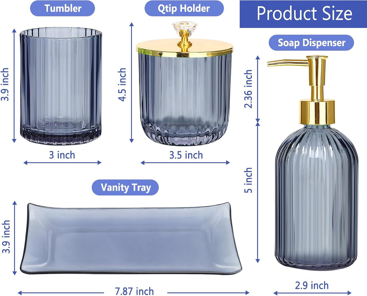 Glass Bathroom Accessories Set, Blue Bathroom Set, 4 Pcs | Kit w/ Bathroom Soap Dispenser Set, Toothbrush Holder