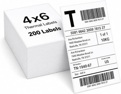 4x6 Direct Thermal Shipping Labels, Compatible with Thermal Printers, for Shipping, Mailing, Small Business (200)