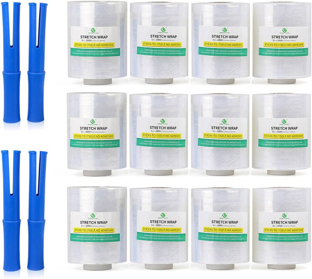 12 Pack Industrial Replace Mini Clear Stretch Wrap with 4 Handle 5" 1000ft 80 Gauge for Pallet Wrap, Durable