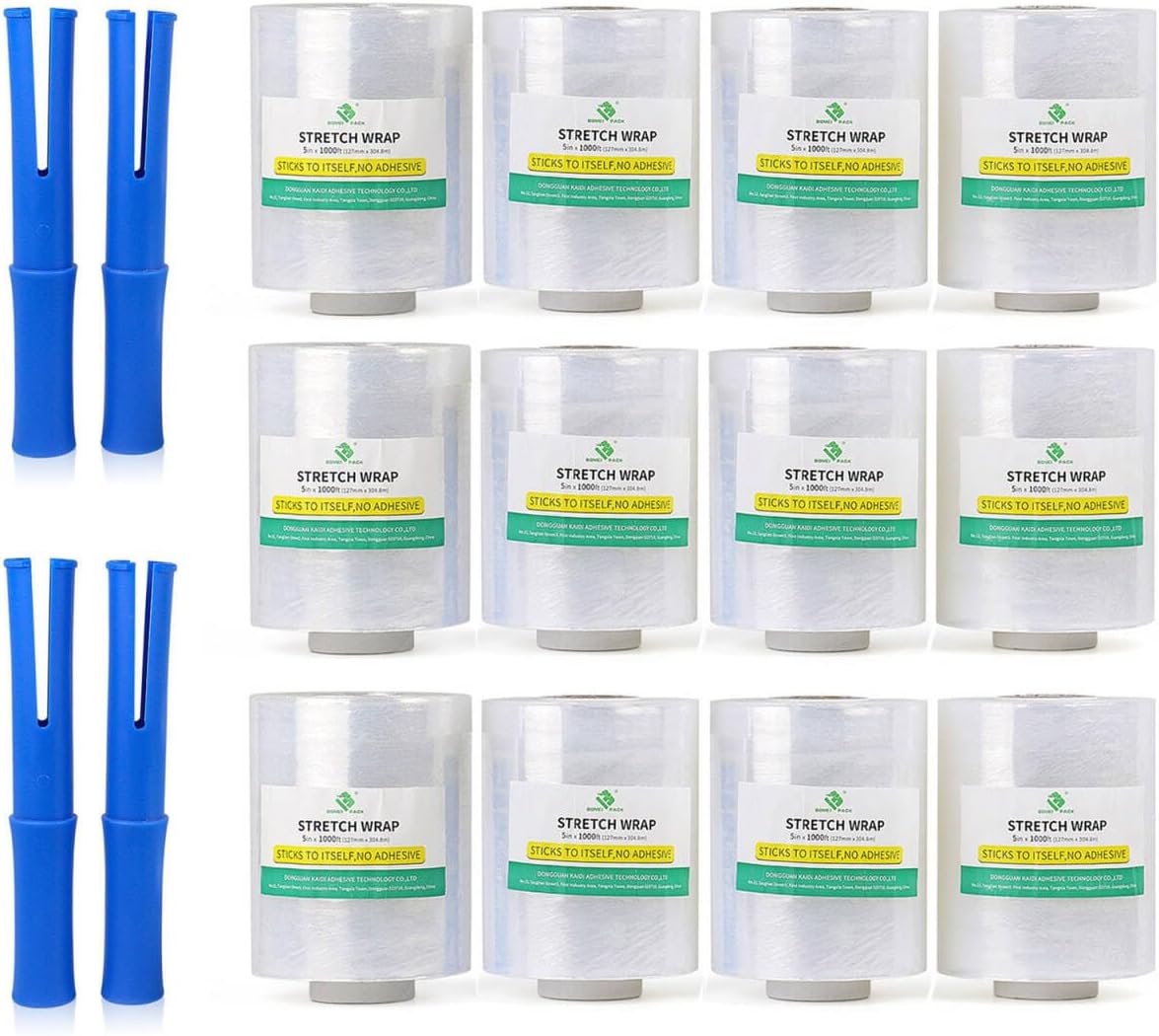 12 Pack Industrial Replace Mini Clear Stretch Wrap with 4 Handle 5" 1000ft 80 Gauge for Pallet Wrap, Durable