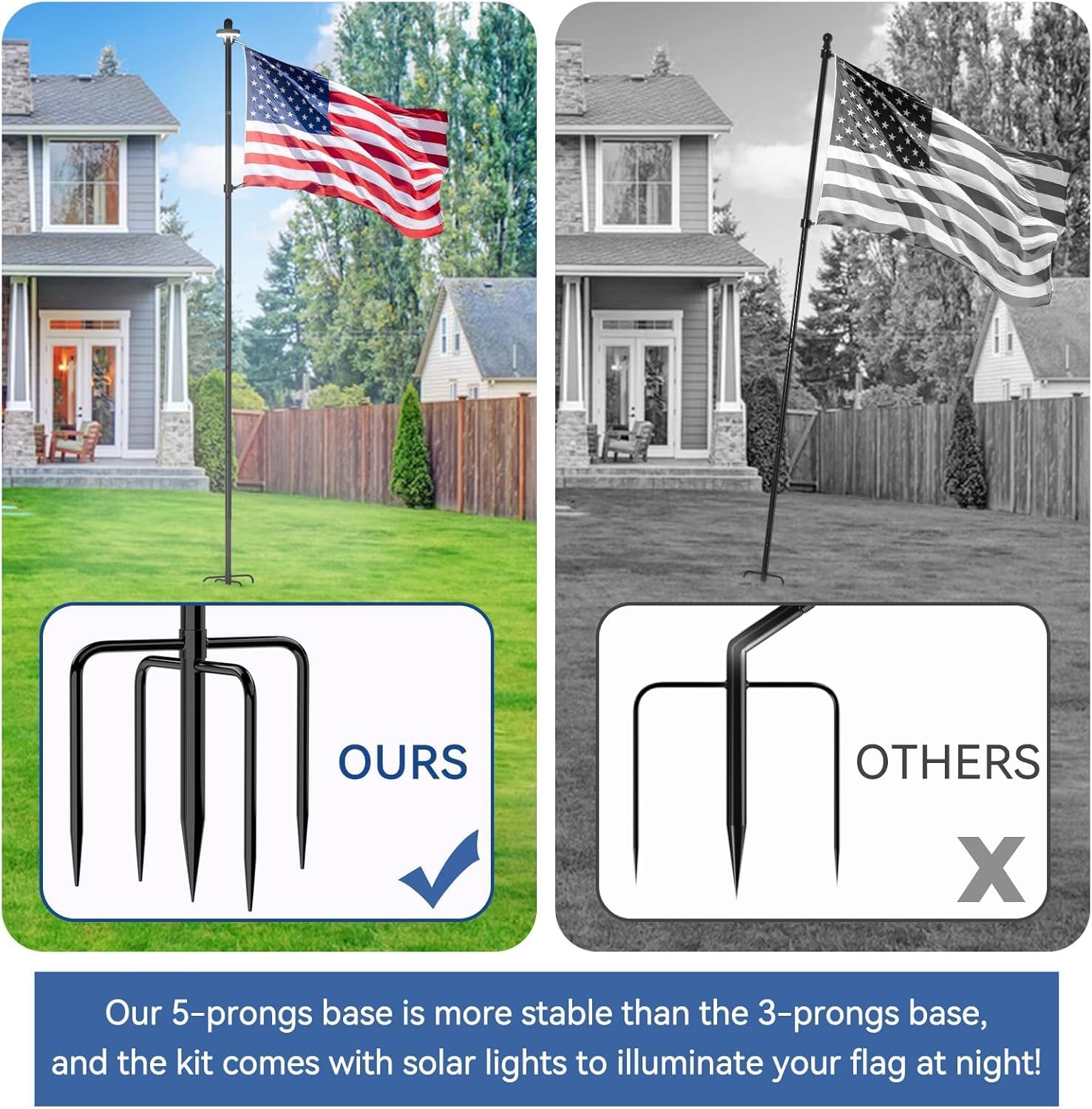10 FT Flag Pole in Ground, Heavy Duty Flag Pole Holder for Outside House with 5 Pronges Base, Extra Thick Flag Pole