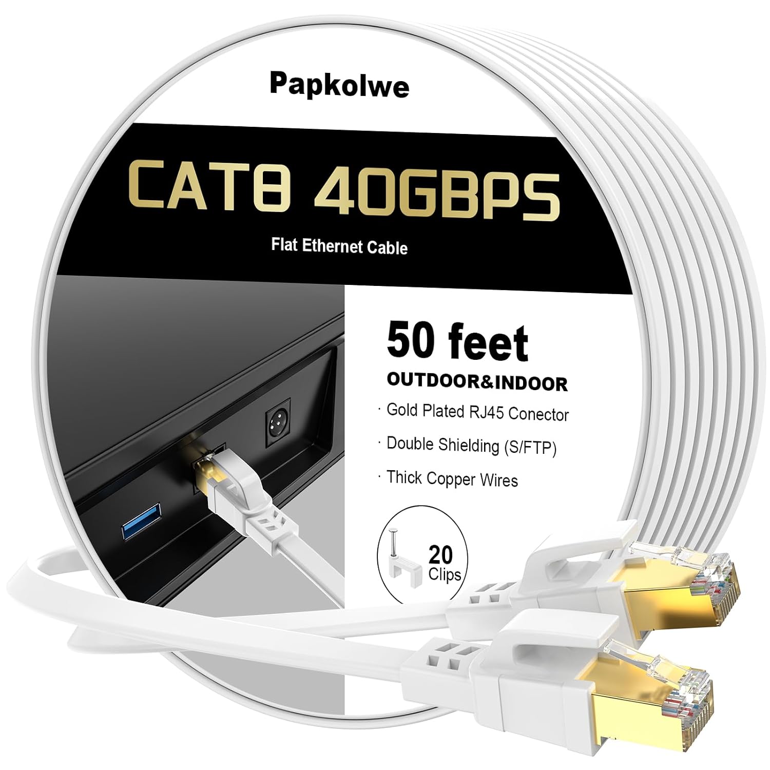 Cat 8 Ethernet Cable 50 ft, 40Gbps 2000MHz RJ45 Flat Network LAN Cable | 6ft 10ft 15ft 20ft 25ft 30ft 35ft 40ft 60ft