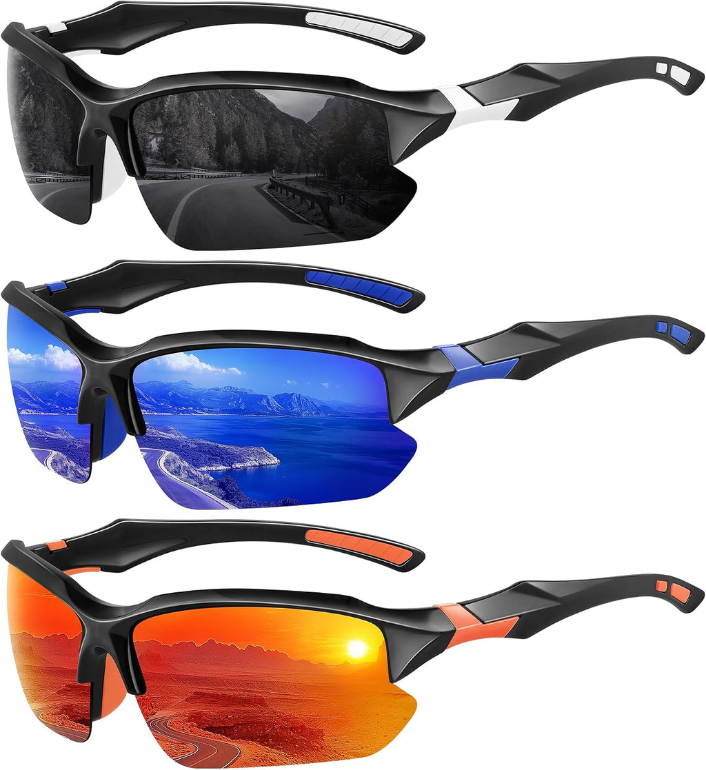 3 Pack Polarized Sports Sunglasses for Men, UV Protection Half Frame Sunglasses Comfortable for Running Cycling Driving