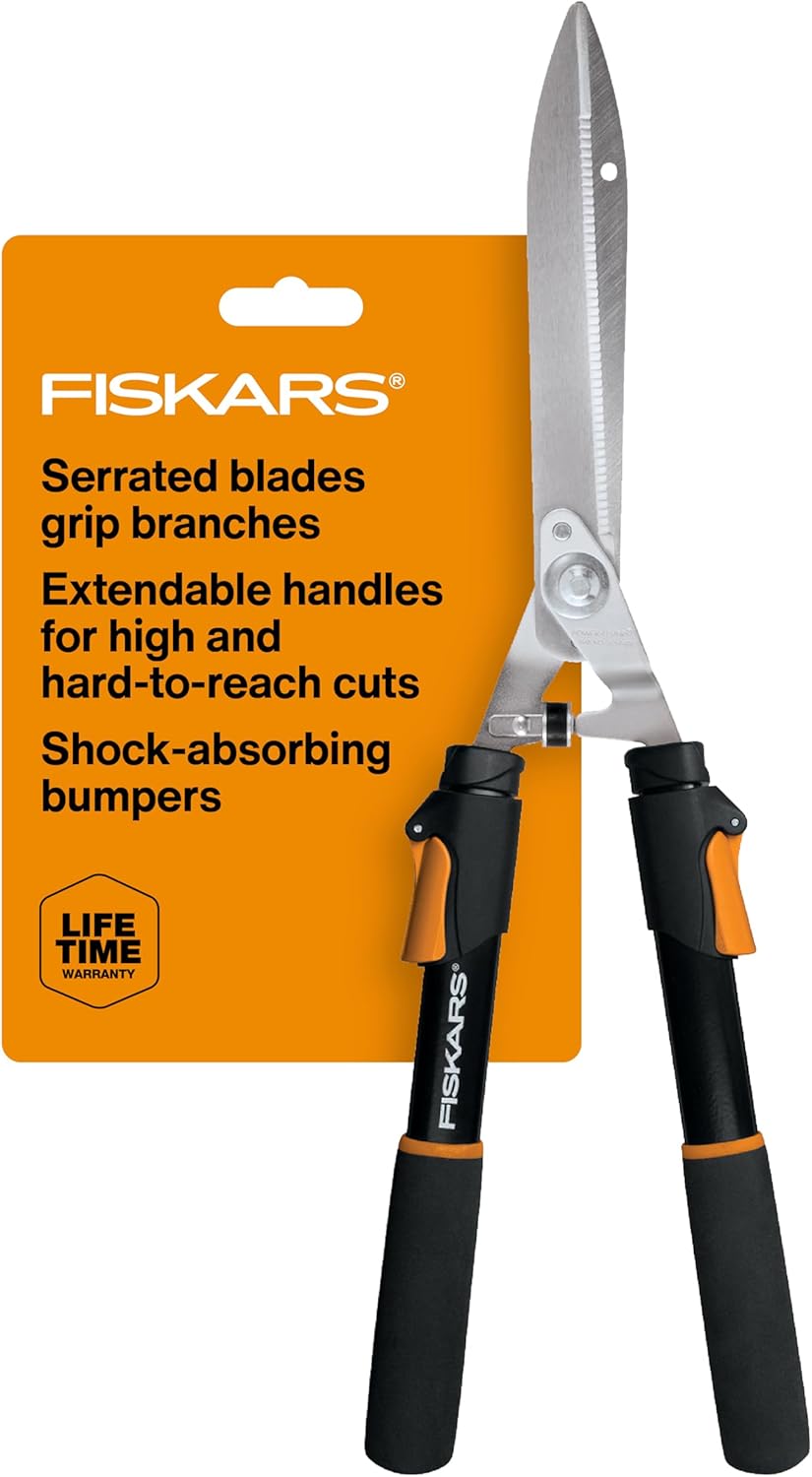 Power-Lever Extendable Hedge Shears, Self-Sharpening Serrated Steel Blades for Clean Cuts, Handles Adjust 25"-33" for