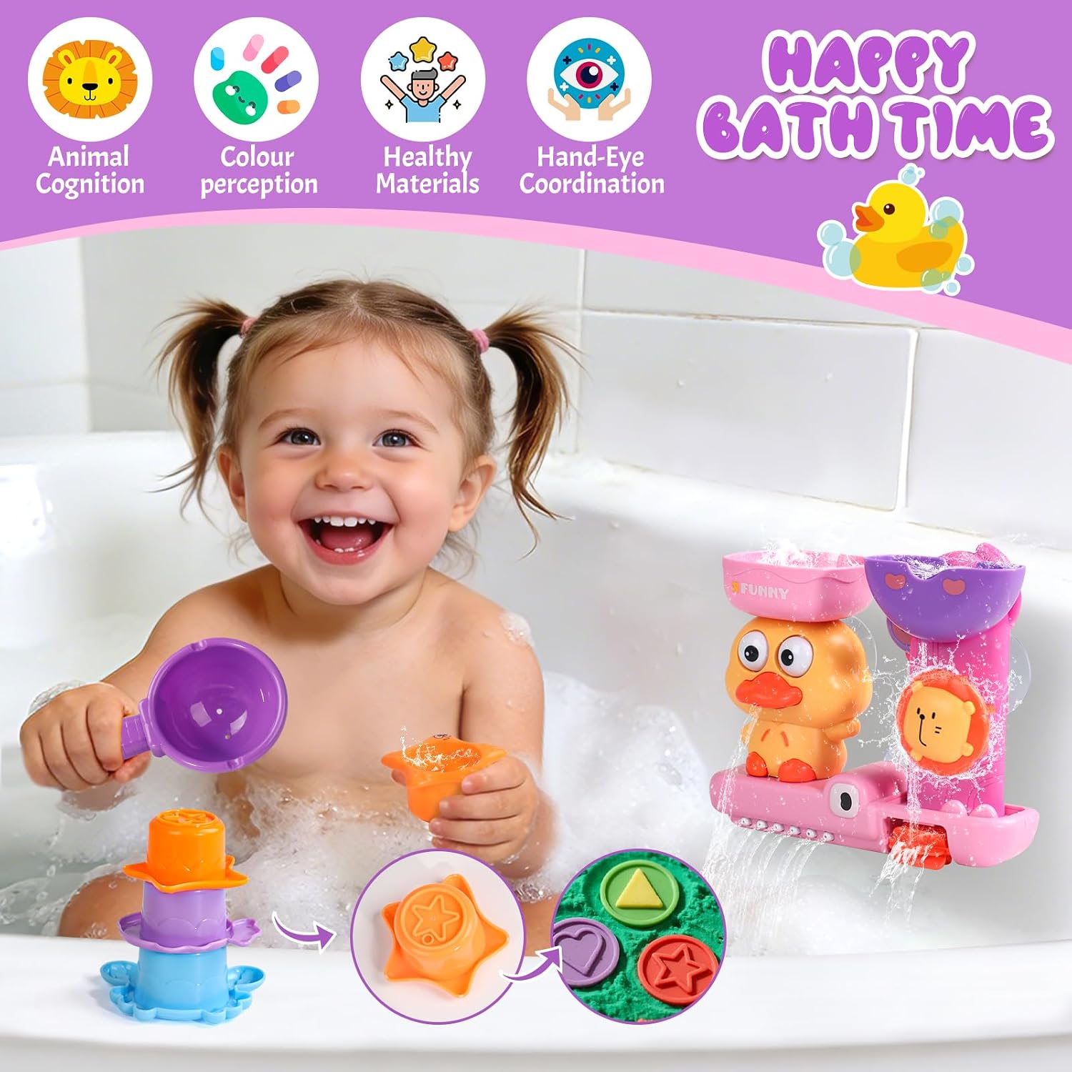 Toddler Bath Toys for Kids Ages 1-3 Waterfall Bathtub Toys for Toddlers 2-4 | with 3 Stacking Cups No Mold Baby Bath