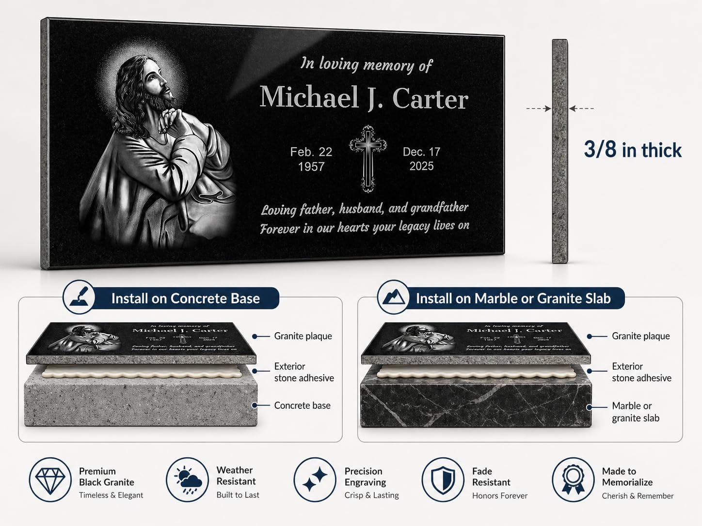 24x12 Personalized Granite Memorial Plaque - Custom Headstone for Graves, Cemetery or Garden, Engraved Grave Marker