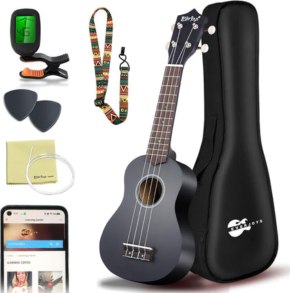 Soprano Ukulele Beginner Kit 21 Inch w/Free Online Lesson Gig Bag Tuner Picks Strap, Fast to Learn (Black)
