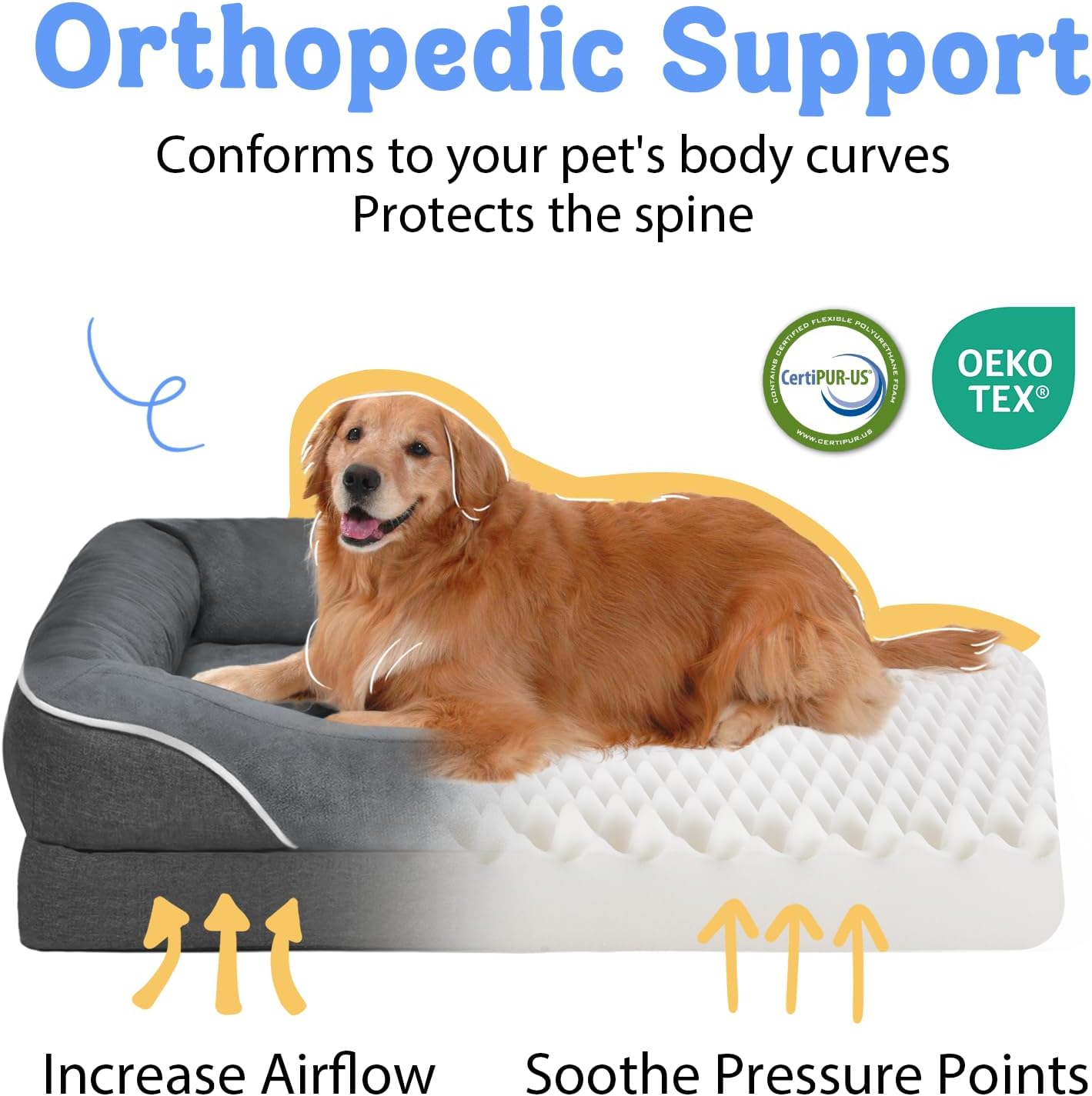 Large Orthopedic Dog Bed for Extra Large Dogs, Waterproof XL Egg-Crate Foam Dog Bed with Removable Washable Cover &