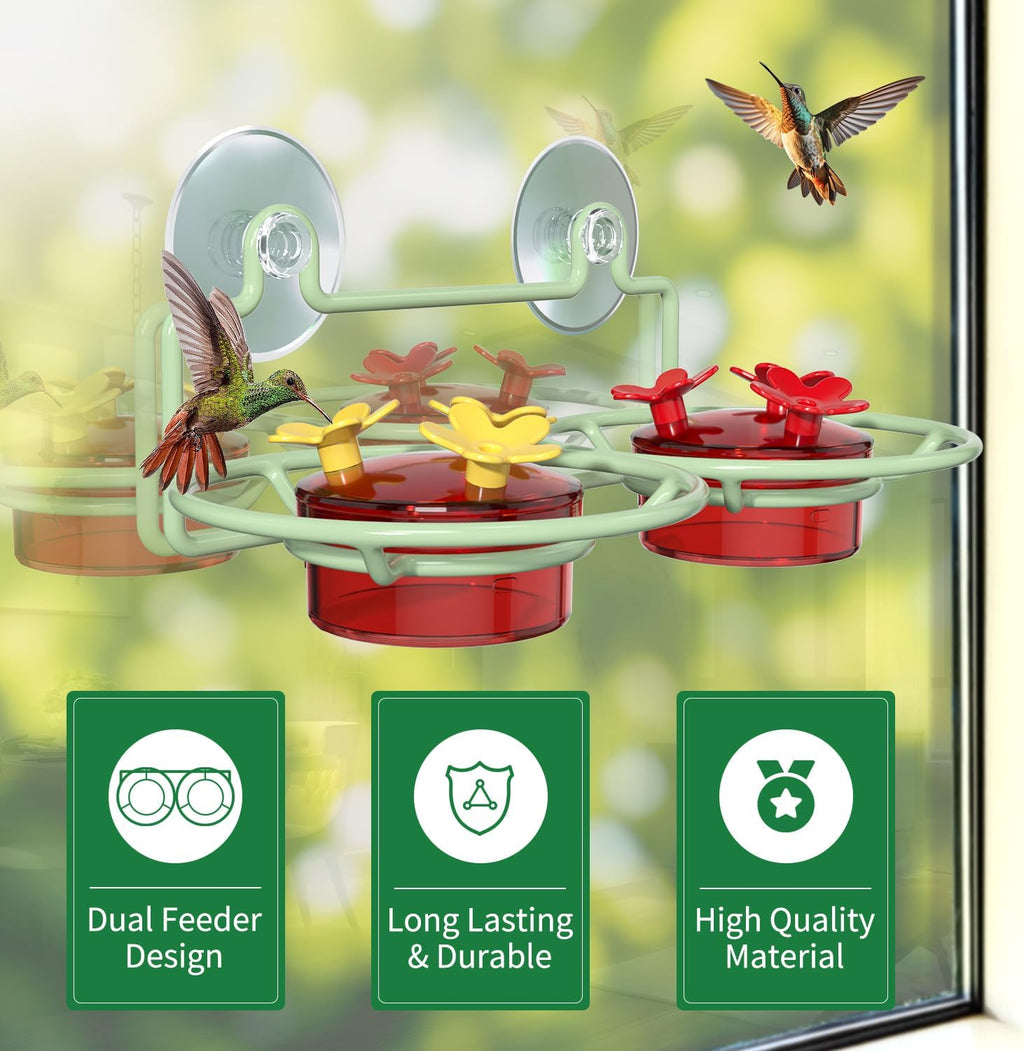 Window Hummingbird Feeder, Small Hummingbird Feeder for Outdoors with Strong Suction Cup - Metal Base & 6 Feeding