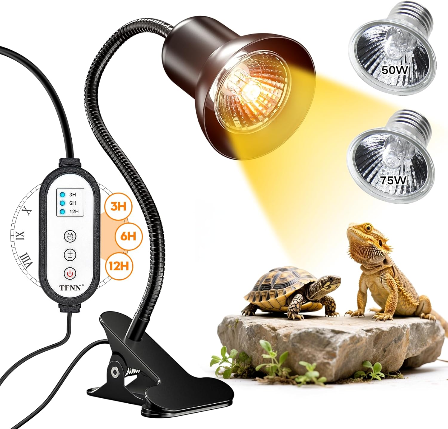 Reptile Heat Lamp, Heat Lamp with Clamp, UVA UVB Reptile Light with Intelligent Cycle Timer for Turtle, Bearded