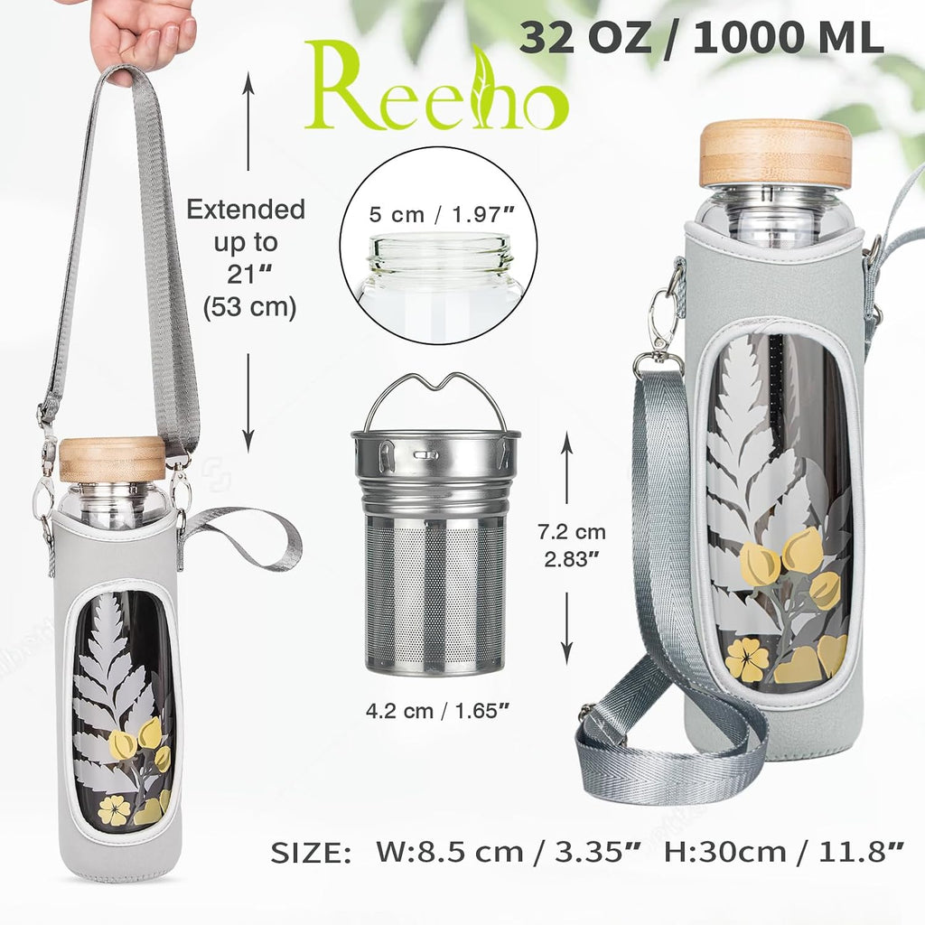 32oz Borosilicate Glass Water Bottle with Tea Infuser, Tea Tumbler with Strainer, Reusable Travel Mug with Sleeve & 2