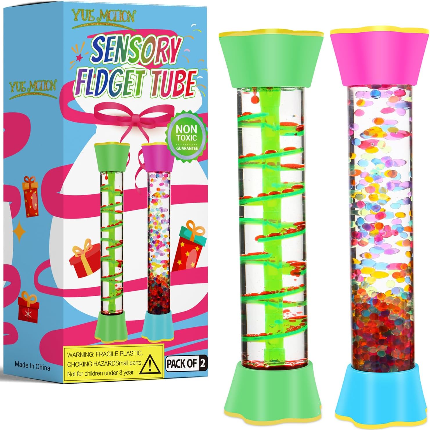 Sensory Fidget Tubes - Calming Toys for Kids & Adults- Sensory Tube with Glitter Bottle, Gravity Spinner, Bubble Drop