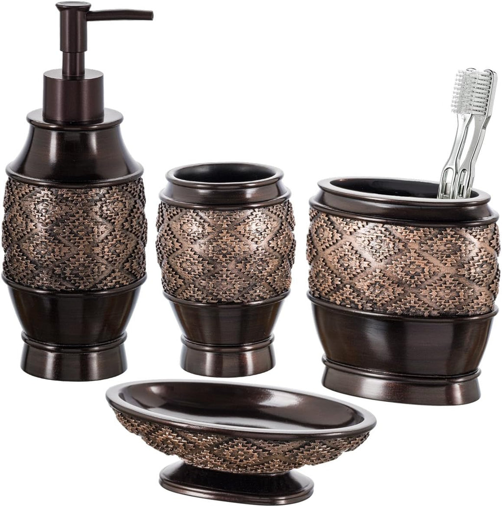 Dublin Brown 4 Piece Bathroom Accessory Set | Includes Soap Dispenser, Toothbrush Holder, Tumbler Cup & Soap Dish