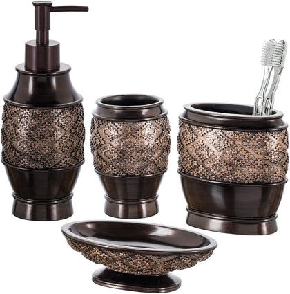 Dublin Brown 4 Piece Bathroom Accessory Set | Includes Soap Dispenser, Toothbrush Holder, Tumbler Cup & Soap Dish