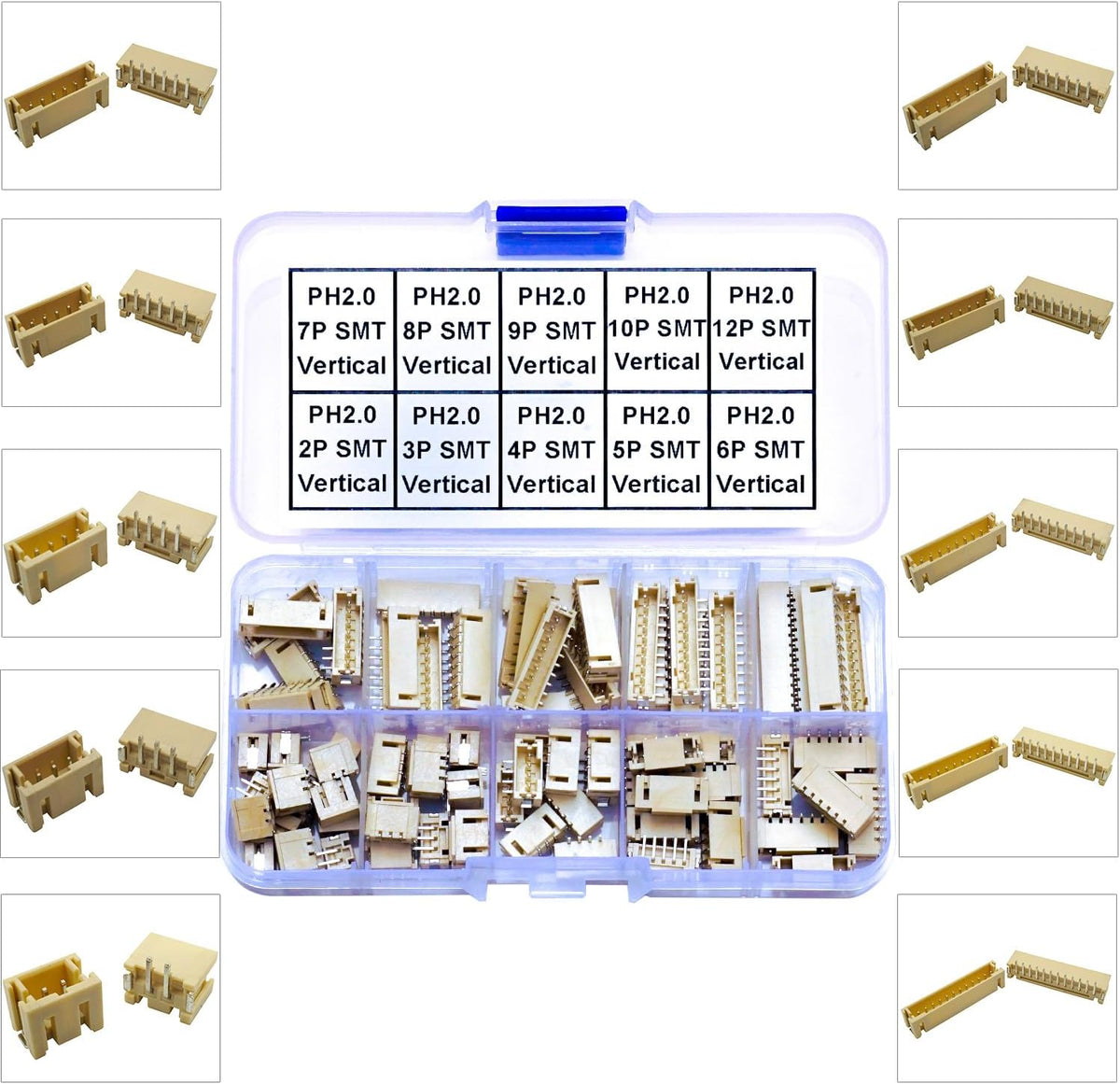 JST SMT Connector Socket, JST PH 2.0 2.0MM 2Pin 3Pin 4Pin 5Pin 6Pin 7Pin 8Pin 9Pin 10Pin 12Pin Micro SMD Header PCB Board Surface Mount Mounting Top Type Vertical Header (JTS-PH2.0-SMT-Ver)