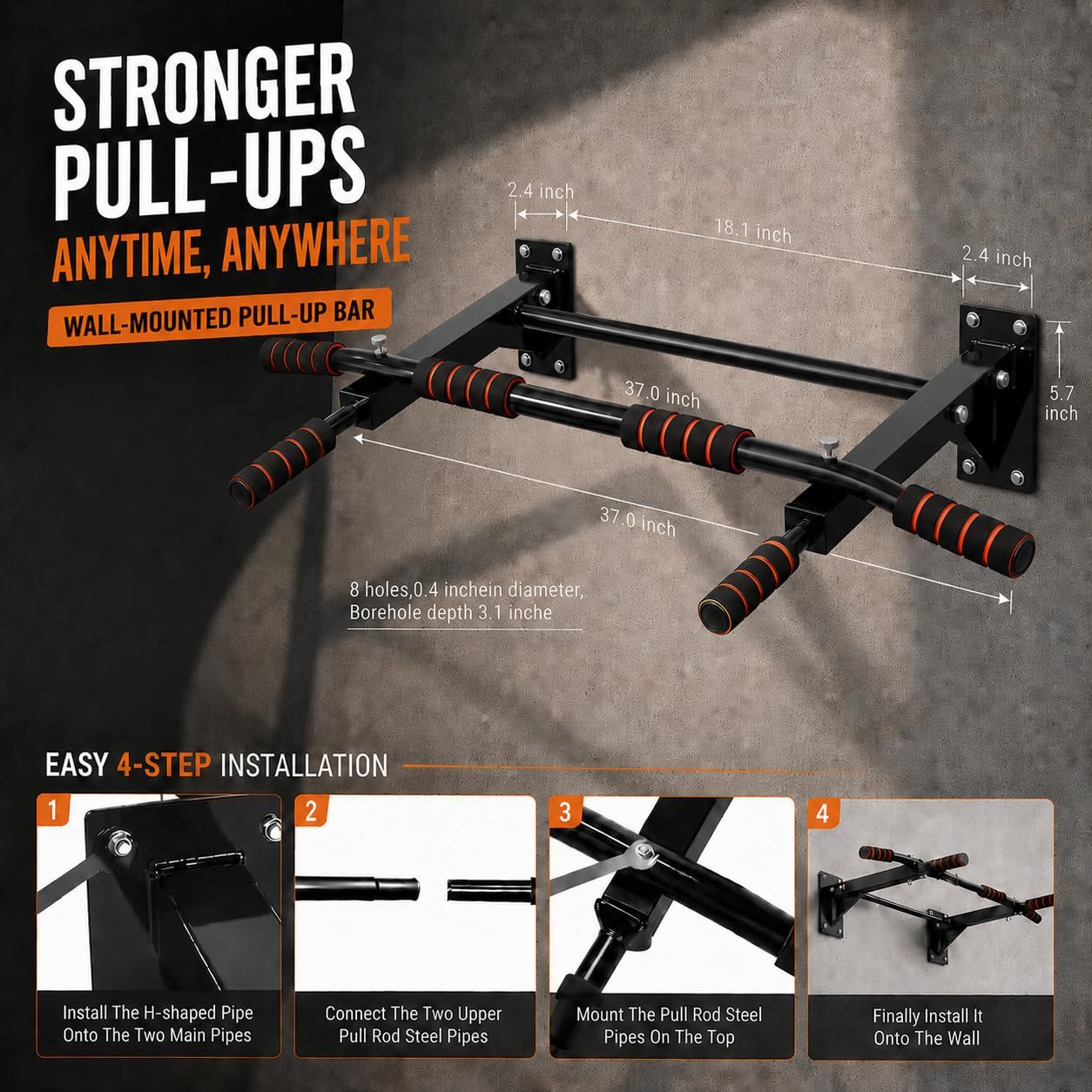 Wall Mounted Pull Up Bar, 500 LBS Heavy Duty Chin Up Bar for Home Gym | 500 LB Steel Frame Zero Wobble Triangle