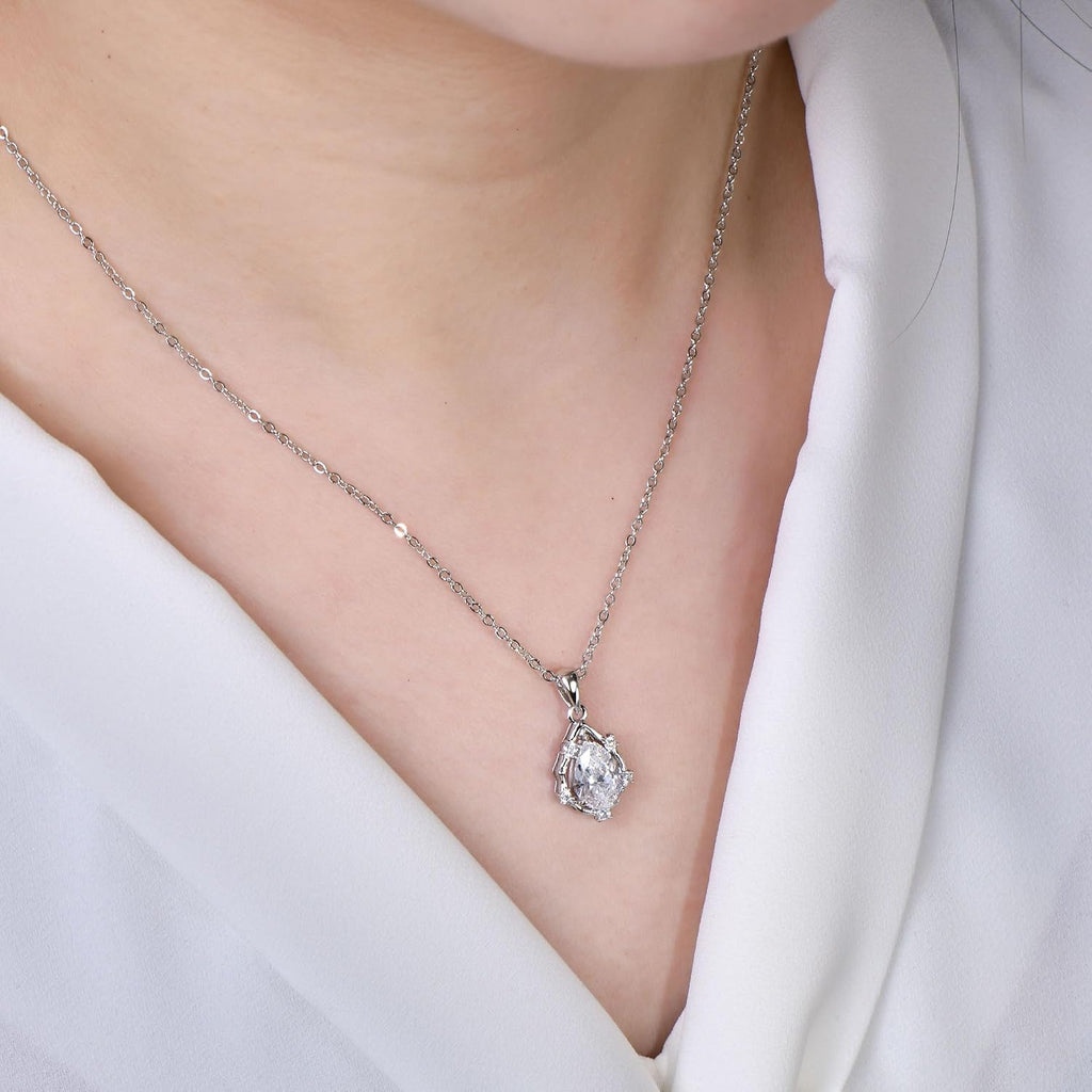 Pendant Necklace for Women, 5A Cubic Zirconia Solitaire Silver Necklace for Women, CZ Vintage Teardrop Pendant 18"+2"