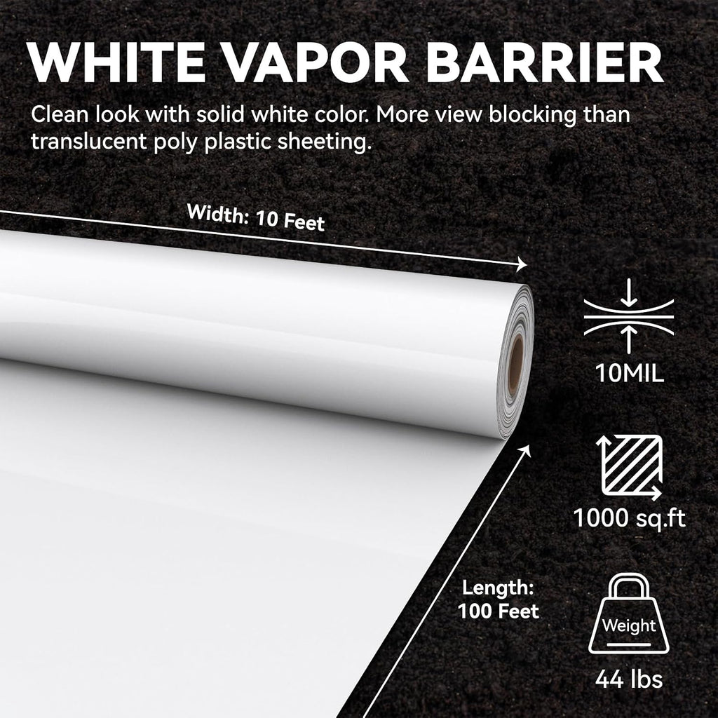 White 10 Mil Plastic Sheeting, 10x100', Crawlspace Vapor Barrier