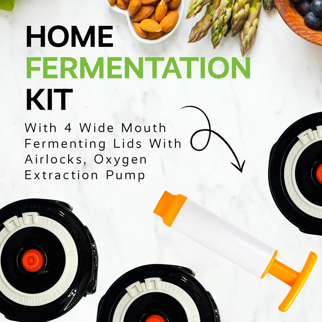 Home Fermentation Kit With 4 Wide Mouth Fermenting Lids With Airlocks, Oxygen Extraction Pump, Ideal For Sauerkraut