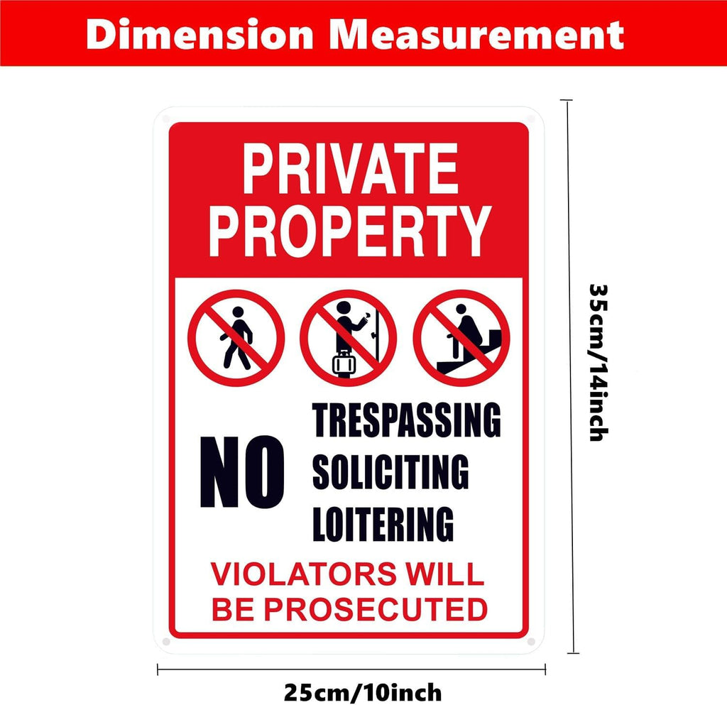 No Trespassing, No Soliciting, No Loitering Sign - 10x14 in Aluminum Warning Sign for Indoor/Outdoor