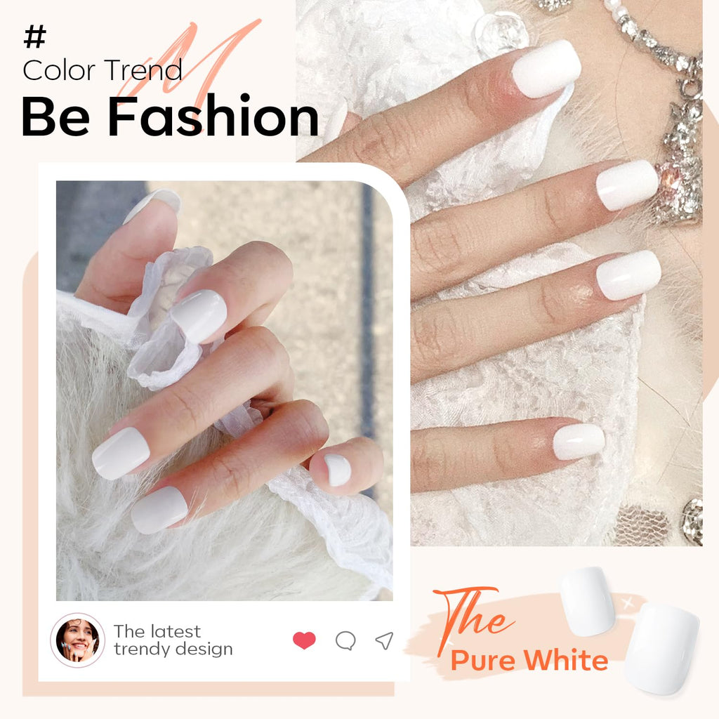 Pure White Press on Nails Short Square 32Pcs 16 Sizes Fake Nails