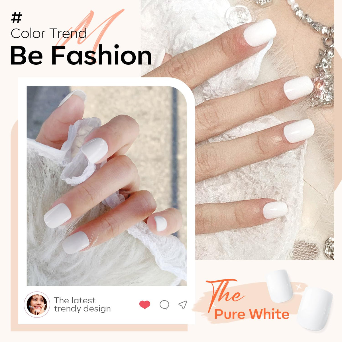 Pure White Press on Nails Short Square 32Pcs 16 Sizes Fake Nails