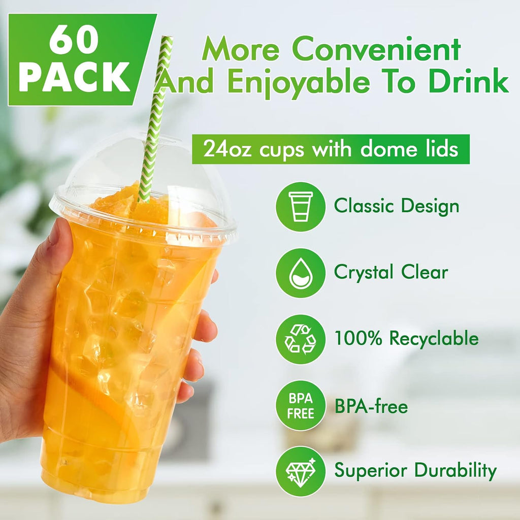 60 Sets 24 oz Clear Plastic Cups With Dome Lids