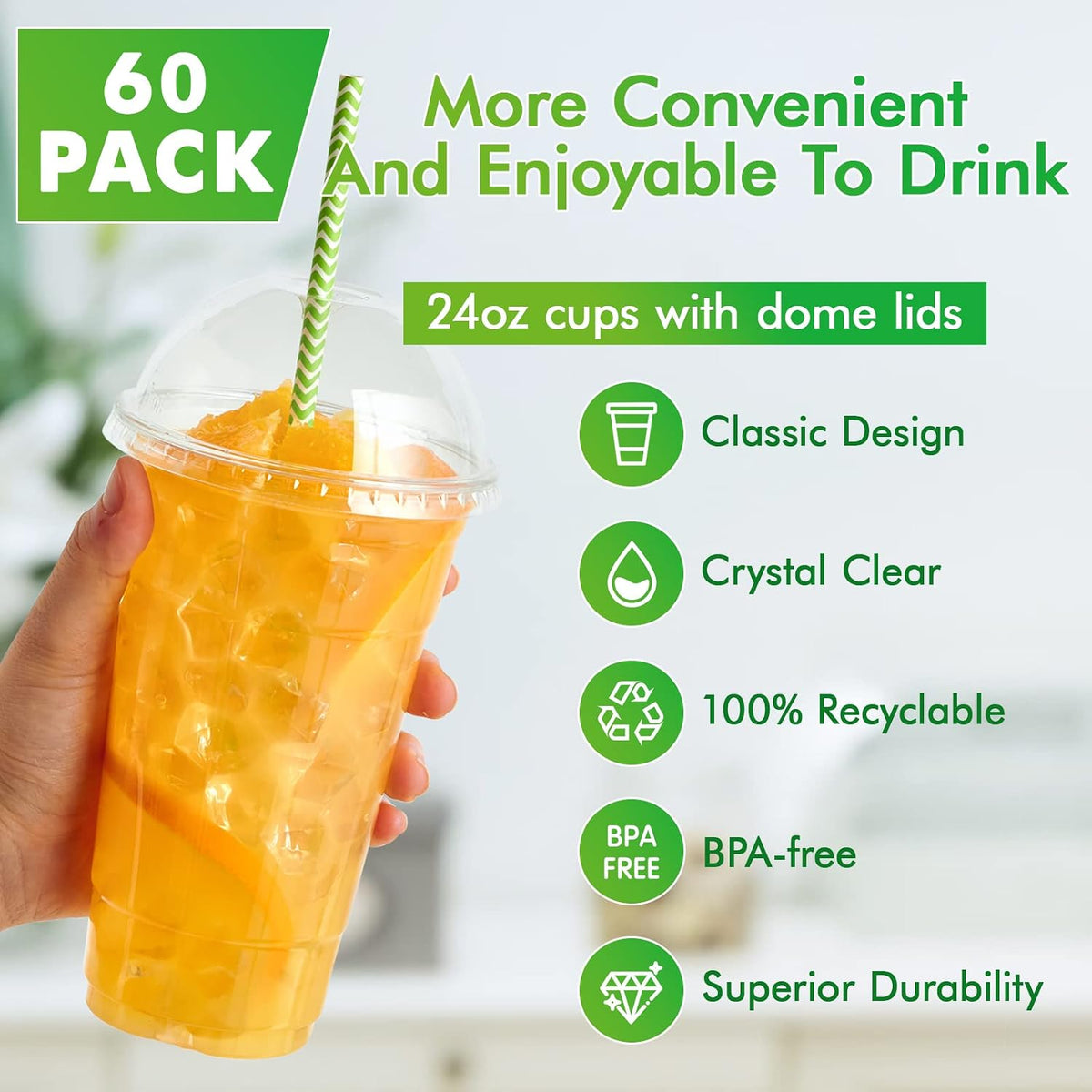 60 Sets 24 oz Clear Plastic Cups With Dome Lids