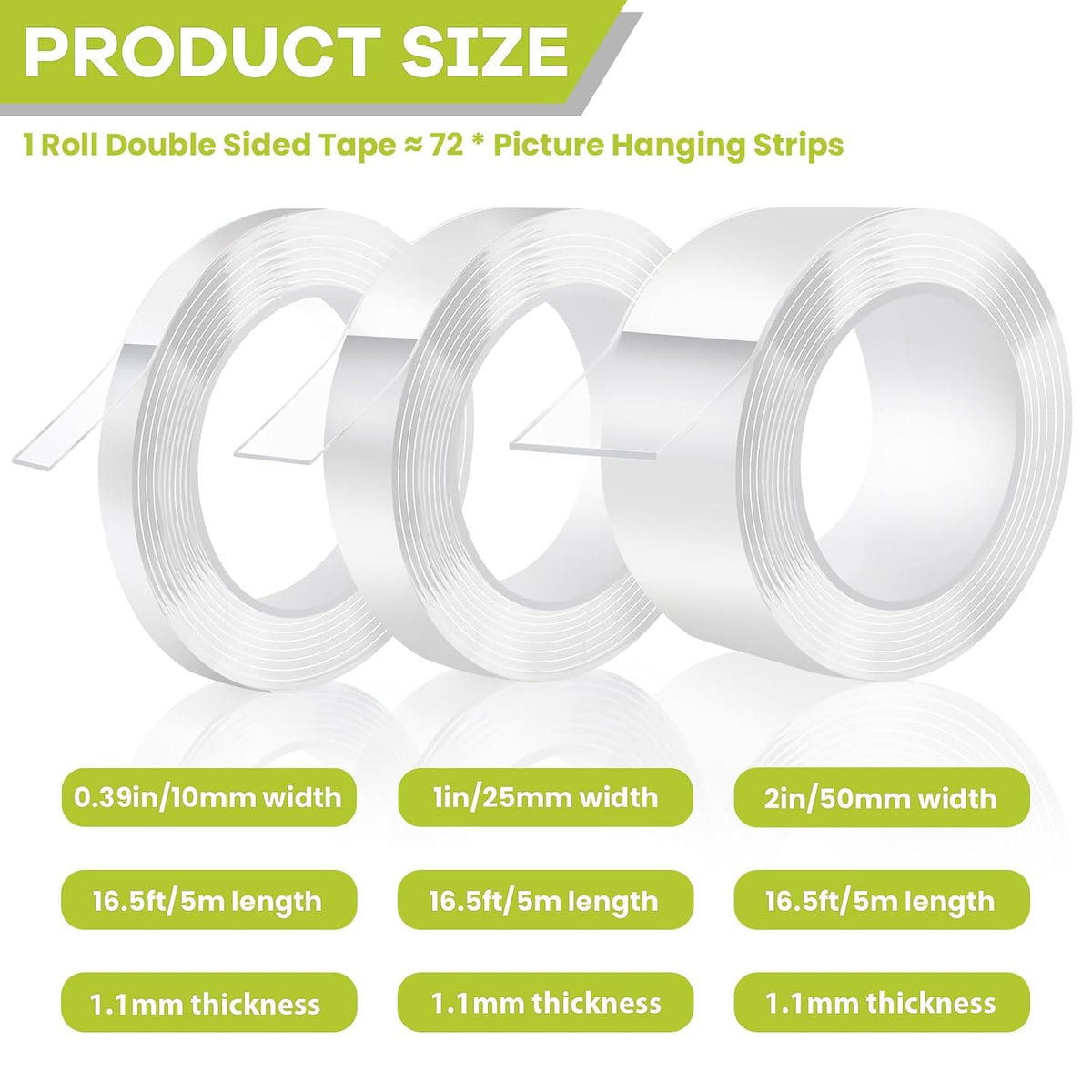 Double Sided Tape Heavy Duty, Removable Nano Adhesive Tape, 1" x 16.5FT