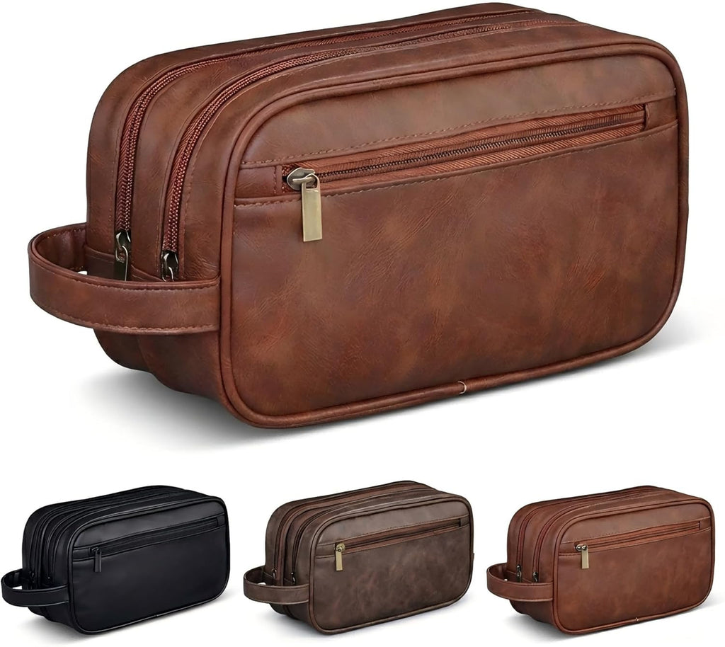 Men’s Toiletry Bag Travel Dopp Kit – double-deck PU Leather Water-Resistant Shaving Organizer Large Capacity, Double