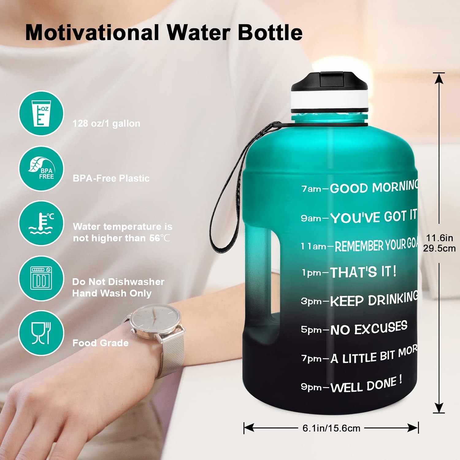 Motivational Gallon Water Bottle - with Straw & Time Marker BPA Free Large Reusable Sport Water Jug with Handle for