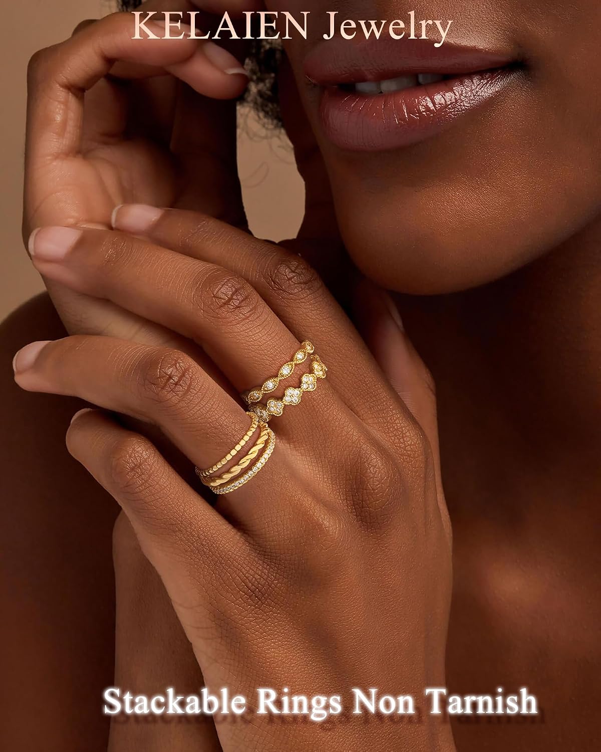 Gold Stackable Rings for Women Non Tarnish 14K Gold Plated Cubic Zirconia Stacking Chunky Eternity Band Rings Dainty