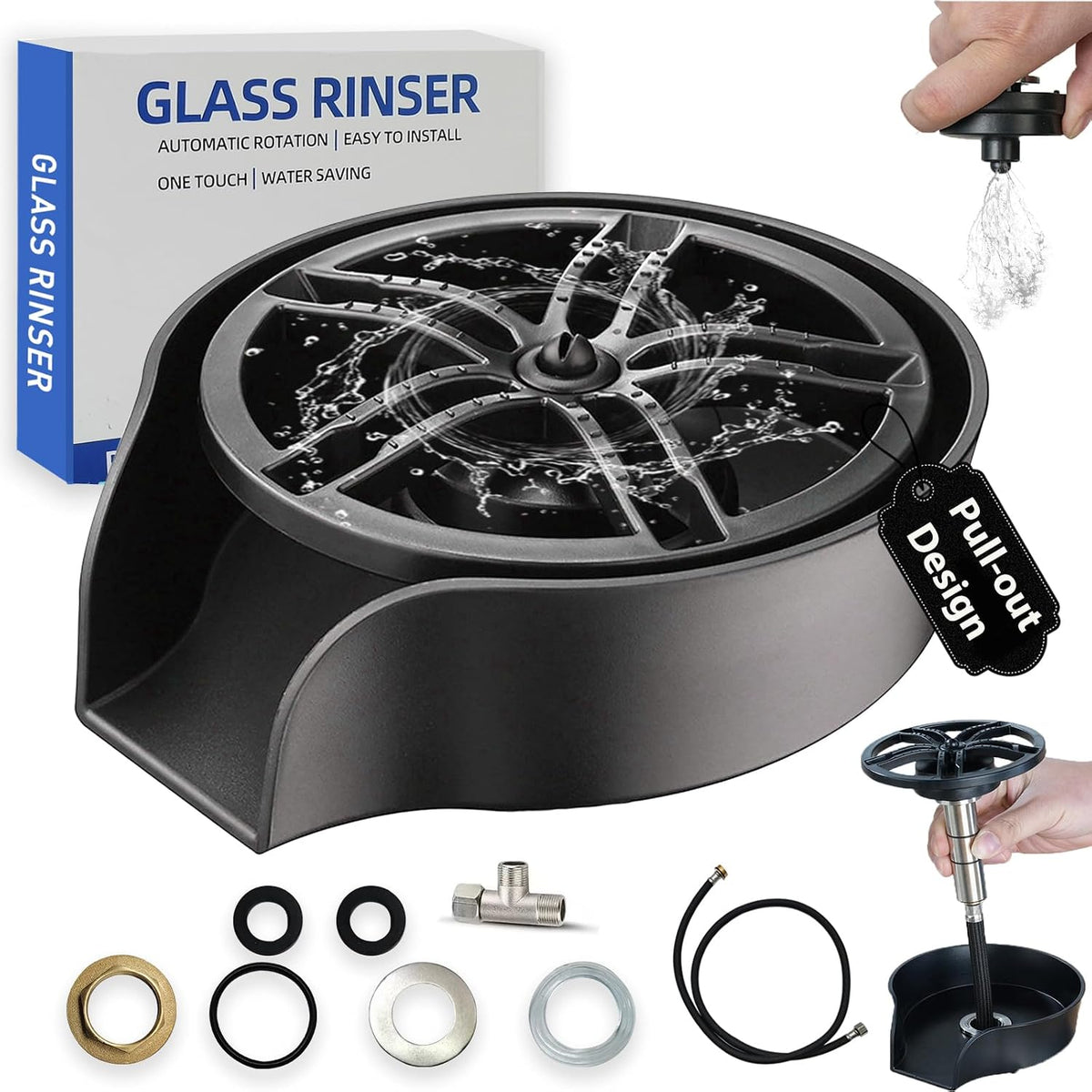 Glass Rinser for Kitchen Sink, High Pressure 360 Degree Rotating Spout Glass Rinser with Pull-out Spray Gun Design
