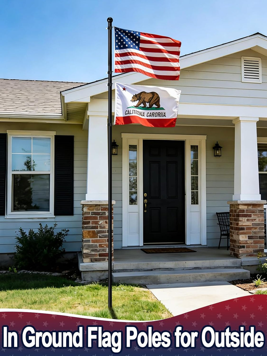 10ft In-Ground Flag Pole for Outside House, Fits 2 Flags | Windproof Thicken Flag Pole Kit with 5 Sturdy Prongs Base