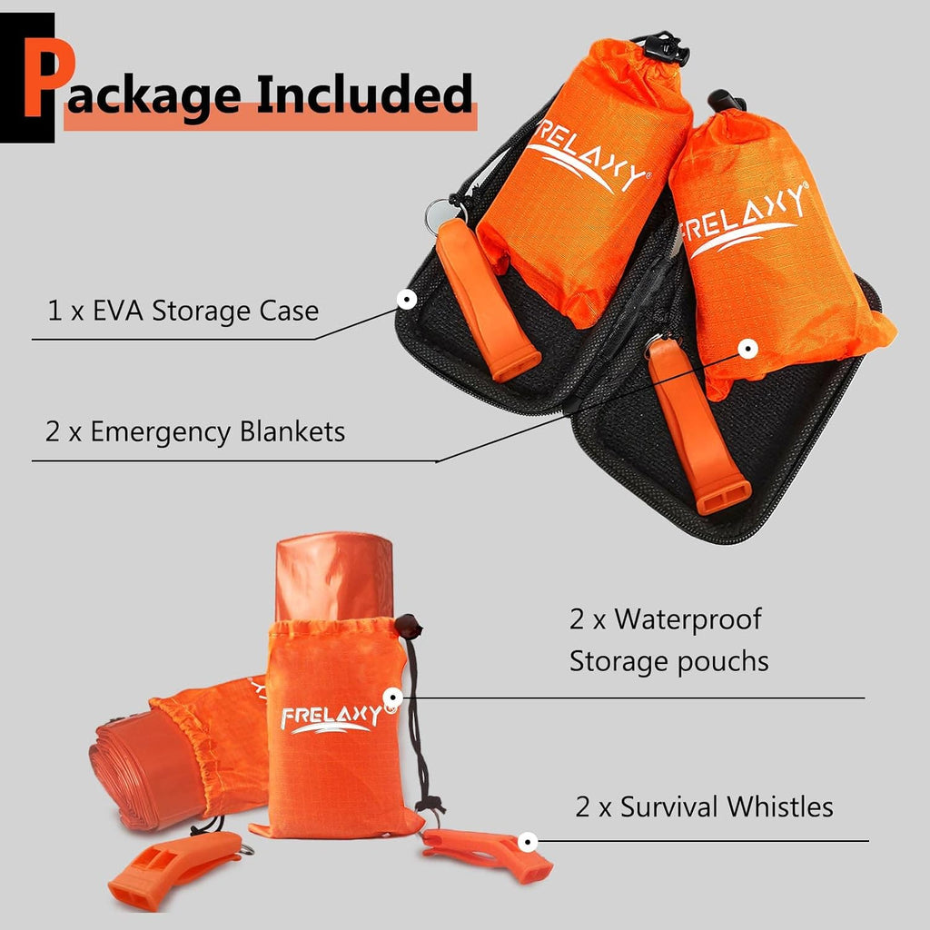 Emergency Blanket 2 Pack, Extra Thick Large Space Blankets | Emergency whistles included, EVA storage case, Heat