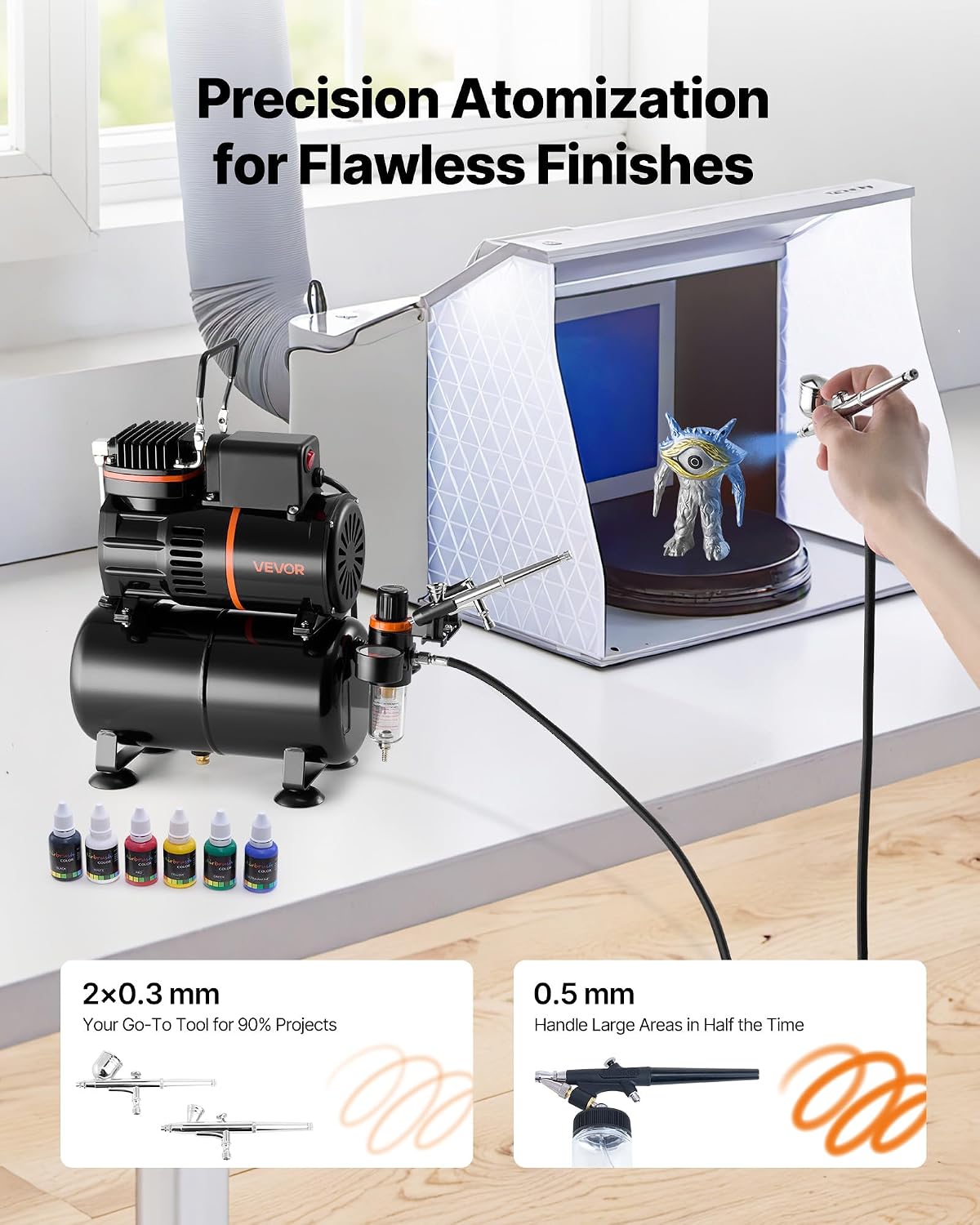 Airbrush Kit, 1/6 HP, Air Brush Kit with Air Compressor and Tank, 3 Dual-Action Professional Airbrushes with 3 Tips