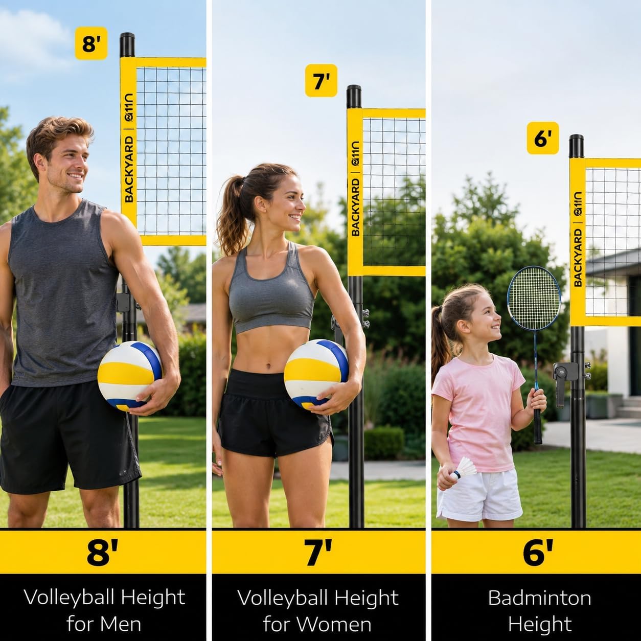 Outdoor Volleyball and Badminton Combo Set - Includes Adjustable Height Anti-Sag Net, Volleyball, Air Pump, 4