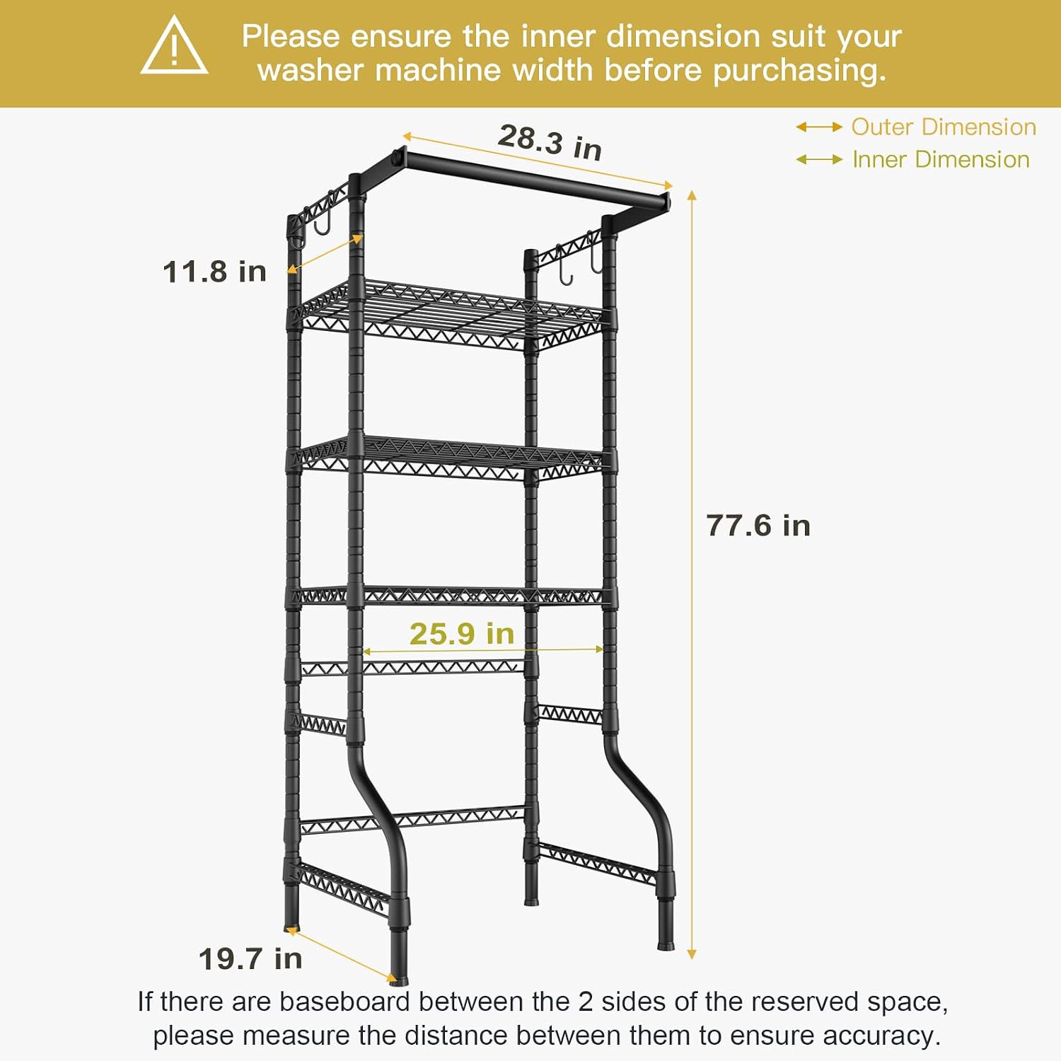 U11 Mini Over Washer and Dryer Shelves, 3 Tiers Laundry Room Storage and Organizer Standing Shelf, Metal Freestanding