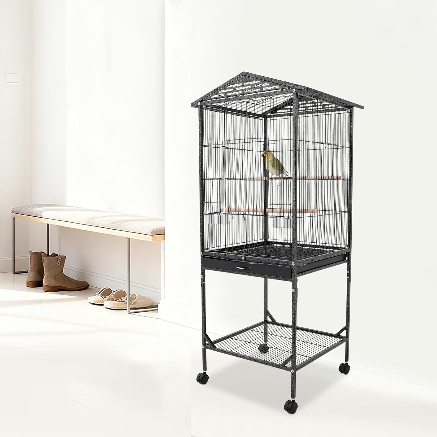 Large Heavy Duty Wrought Iron Bird Cage with Open Play Top Area & Rolling Stand, Spacious Flight Cage for Parrots