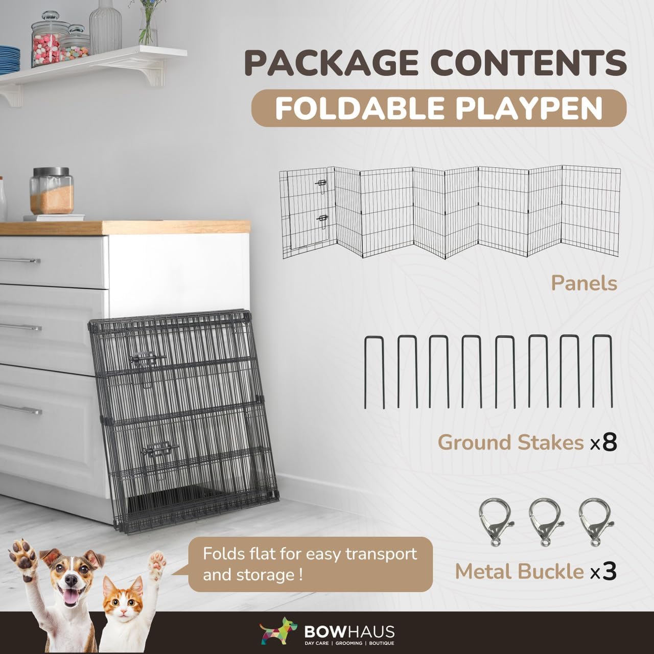 Foldable Outdoor/Indoor Pet Playpen with Gate, Available in 24 Inch Height Metal Portable Kennel, Heavy-Duty Exercise
