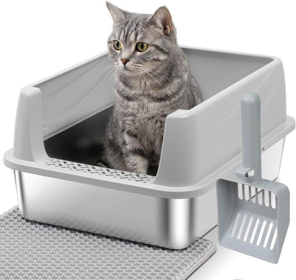 Stainless Steel Litter Box with Lid,Metal Kitty Litter Box,Low Entry Litter Boxes with Scoop and Mat,Kitten Litterbox