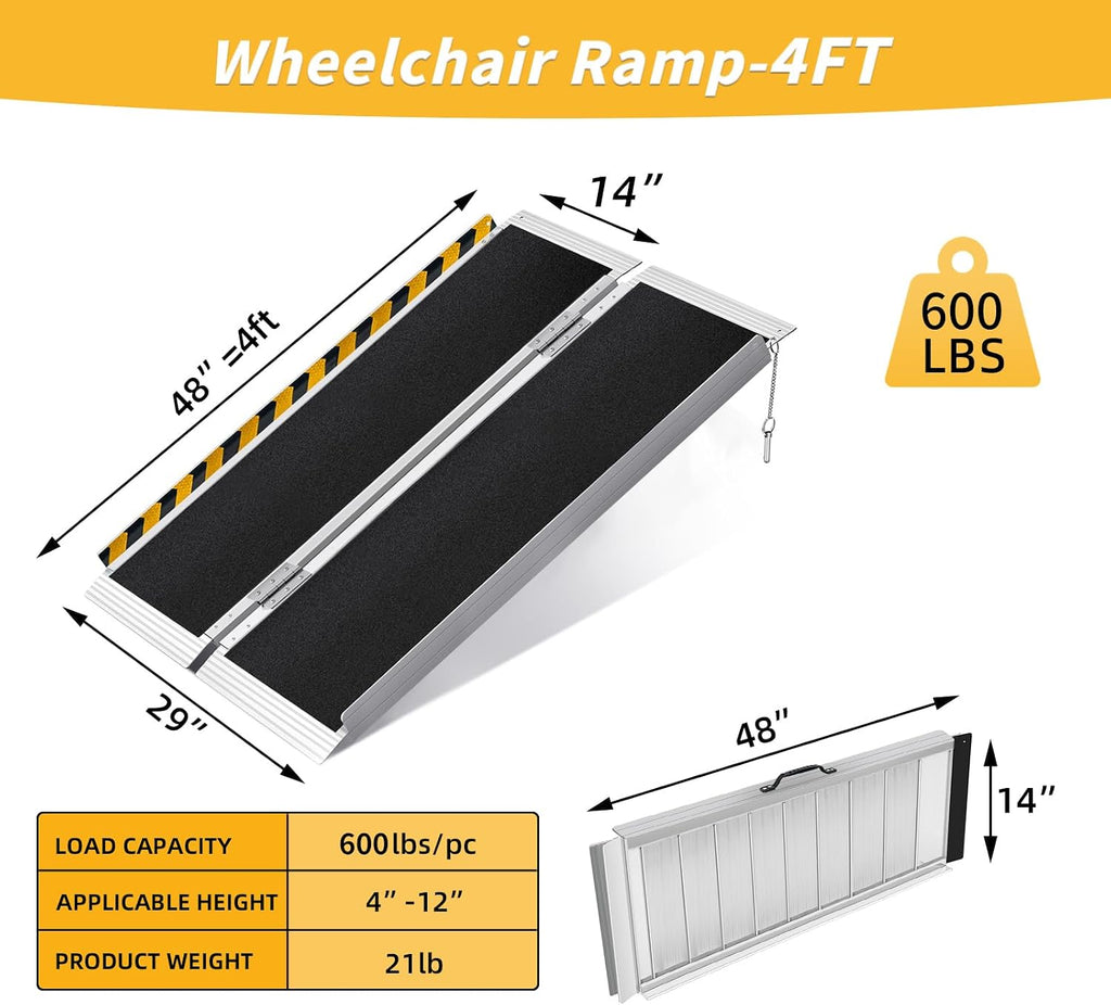 4FT Portable Wheelchair Ramp, Non-Slip Aluminum Folding Handicap Ramp for Home Steps, Stairs, Threshold and Doorways
