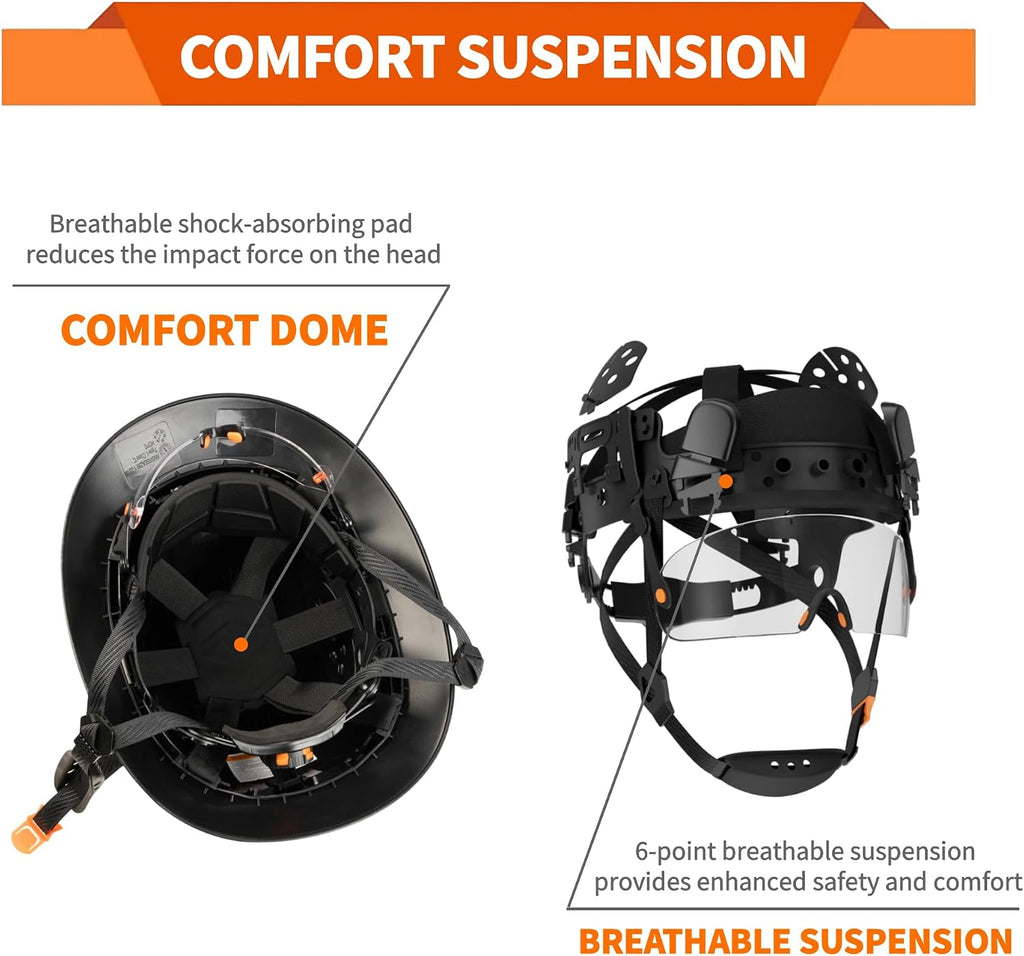 Full Brim Hard Hat with Visor, 6-Point Ratchet Suspension Safety Helmet, Superior Impact Head Protection, ANSI Z89.1