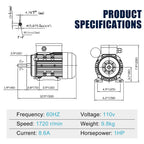 1 HP Electric Motor 110V Single Phase, 1720 RPM, 5/8" Keyed Shaft, High Efficiency AC Motor for Air Compressor, Pump, Fan and Industrial Equipment
