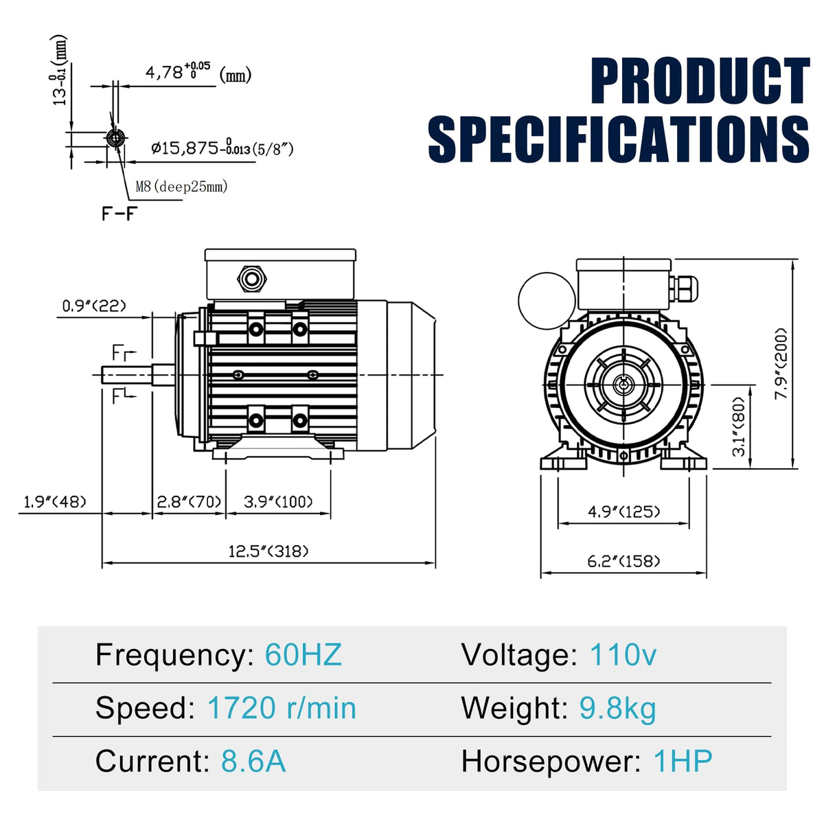 1 HP Electric Motor 110V Single Phase, 1720 RPM, 5/8" Keyed Shaft, High Efficiency AC Motor for Air Compressor, Pump, Fan and Industrial Equipment