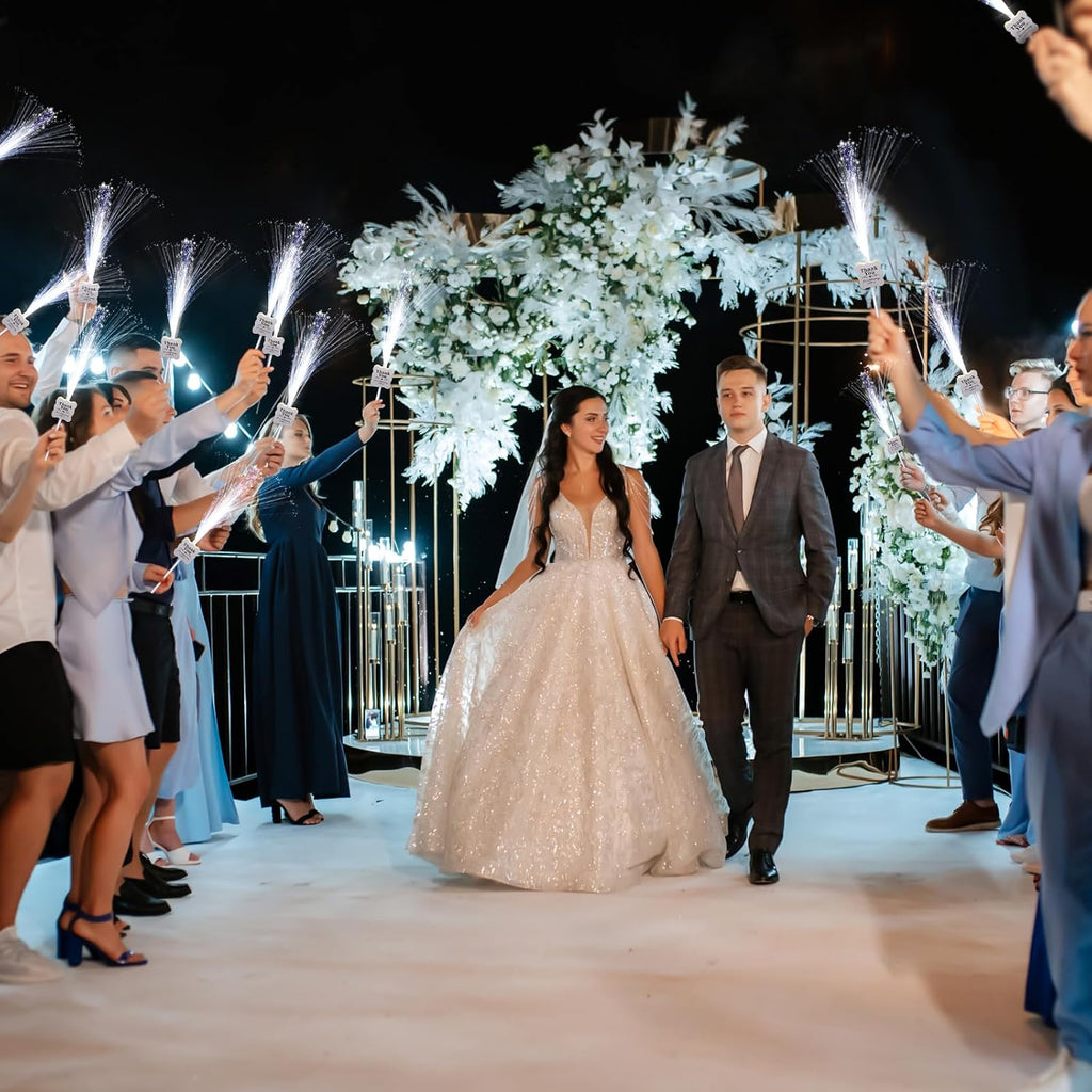 100 Pcs White Wedding Light up Sticks LED Sparklers Thank You Fiber Optic Glow Wands with 3 Mode for Send off